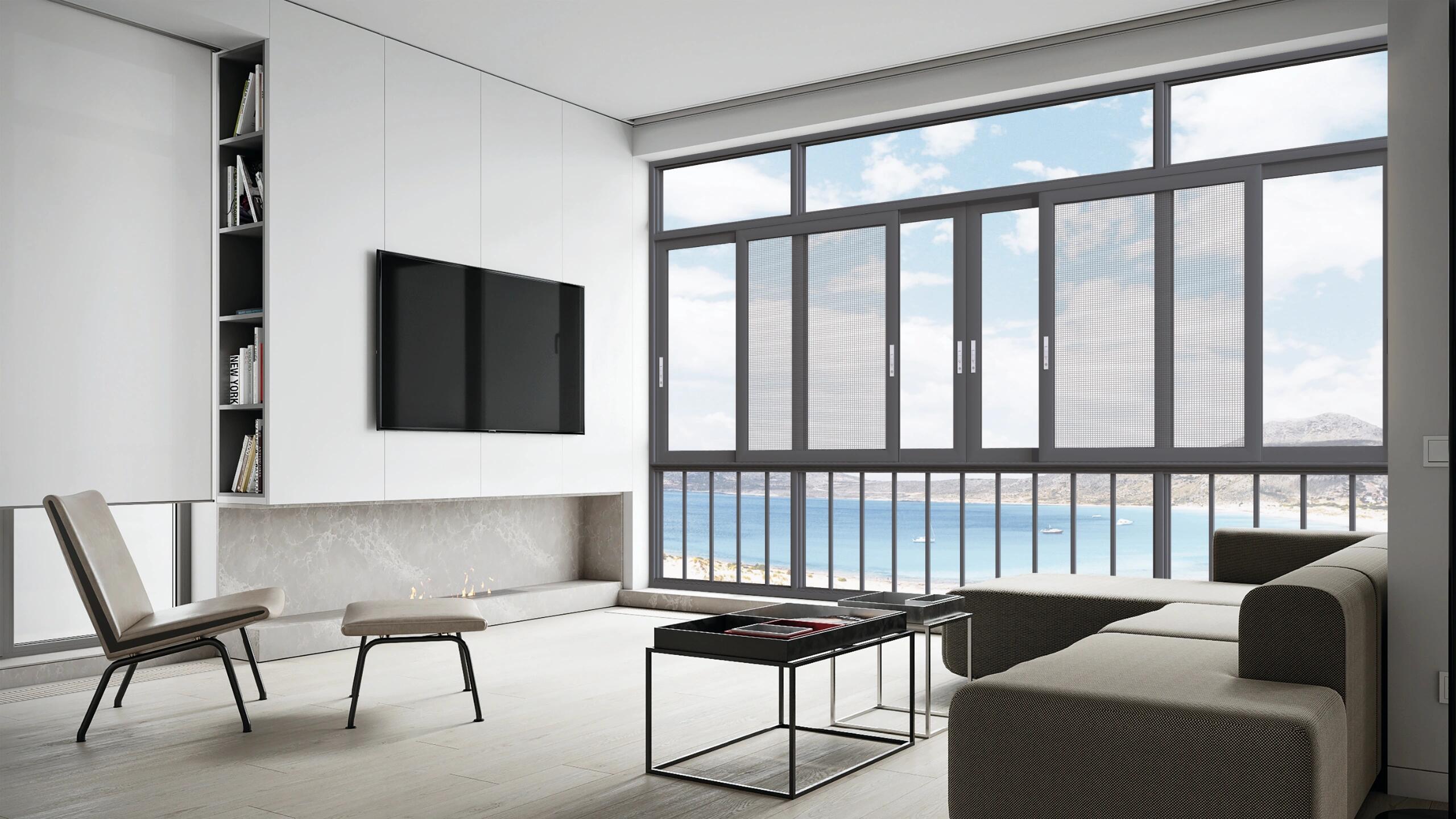 Four-Panel Sliding Window with Balcony Safety Bars