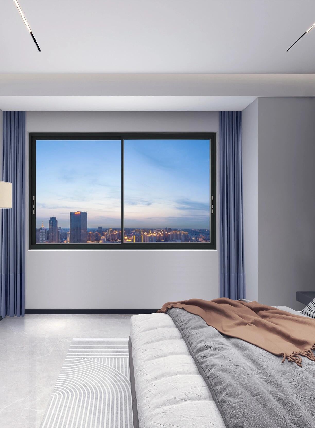 Modern Blue-Curtain Sliding Window for Bedroom