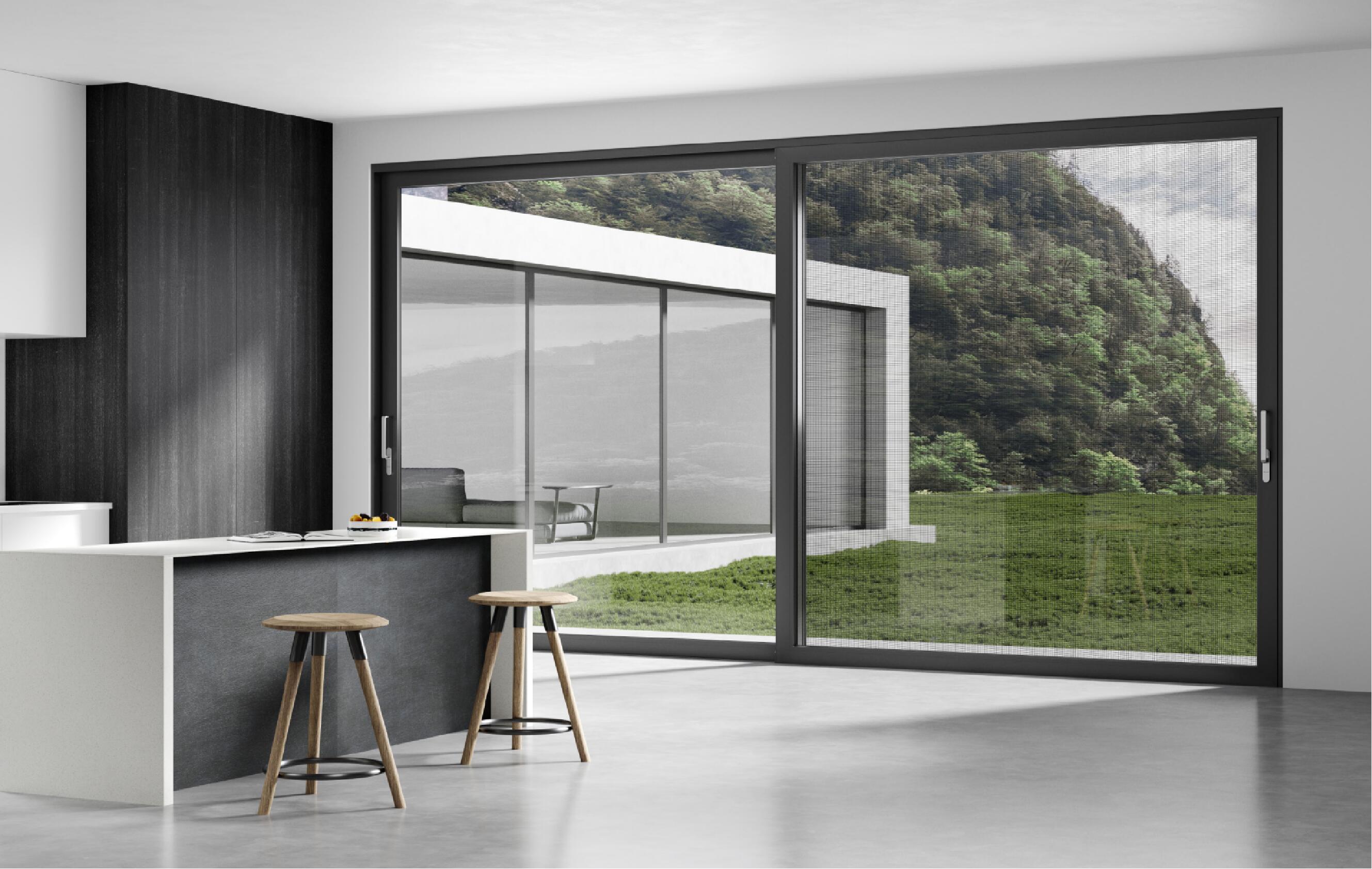 Black Aluminum Sliding Door with Invisible Mesh for Balcony or Living Room